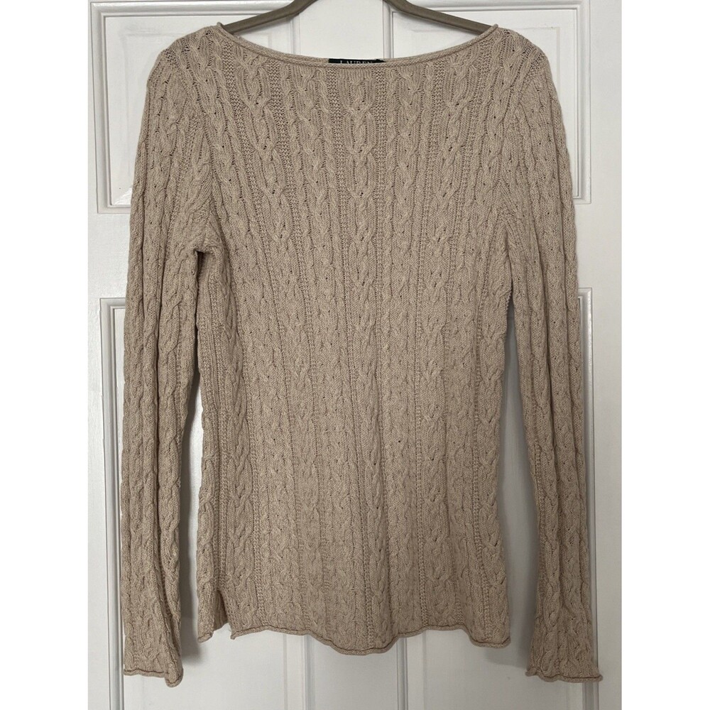 Lauren Ralph Cableknit Sweater Womens Medium Tan Cotton Relaxed Old Money Preppy